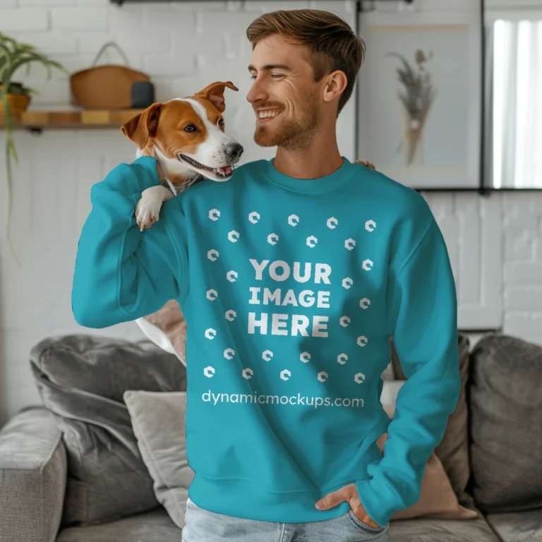 Man Wearing Teal Sweatshirt Mockup Front View Template