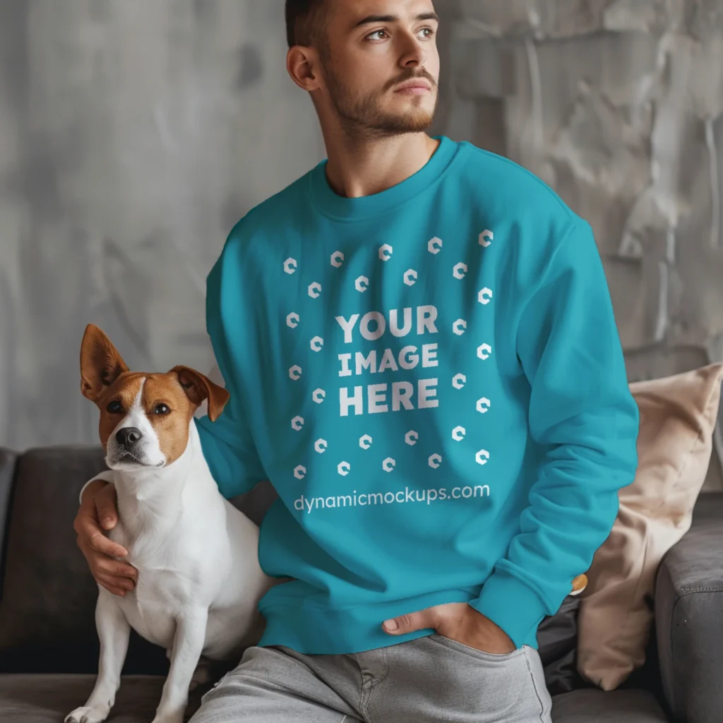 Man Wearing Teal Sweatshirt Mockup Front View Template