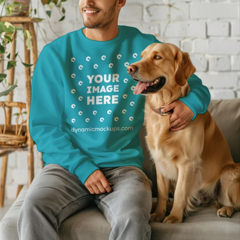 Man Wearing Teal Sweatshirt Mockup Front View Template