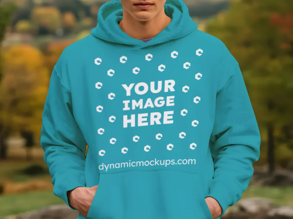 Man Wearing Teal Hoodie Mockup Front View Template