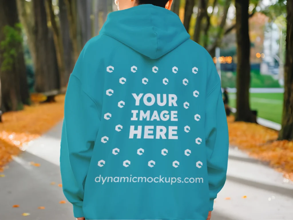 Man Wearing Teal Hoodie Mockup Back View Template