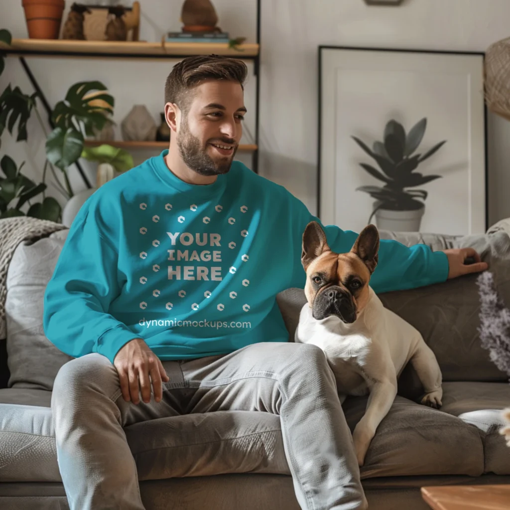 Man Wearing Teal Sweatshirt Mockup Front View Template