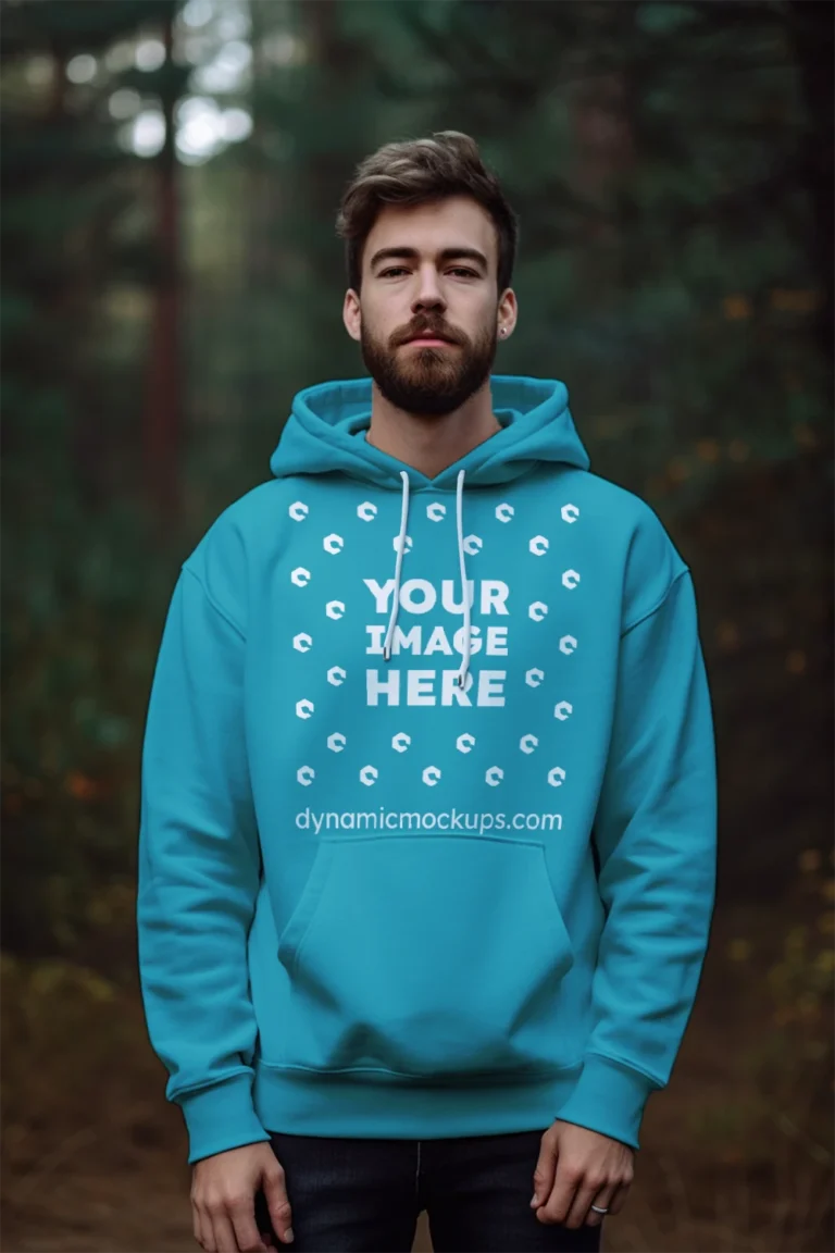 Man Wearing Teal Hoodie Mockup Front View Template