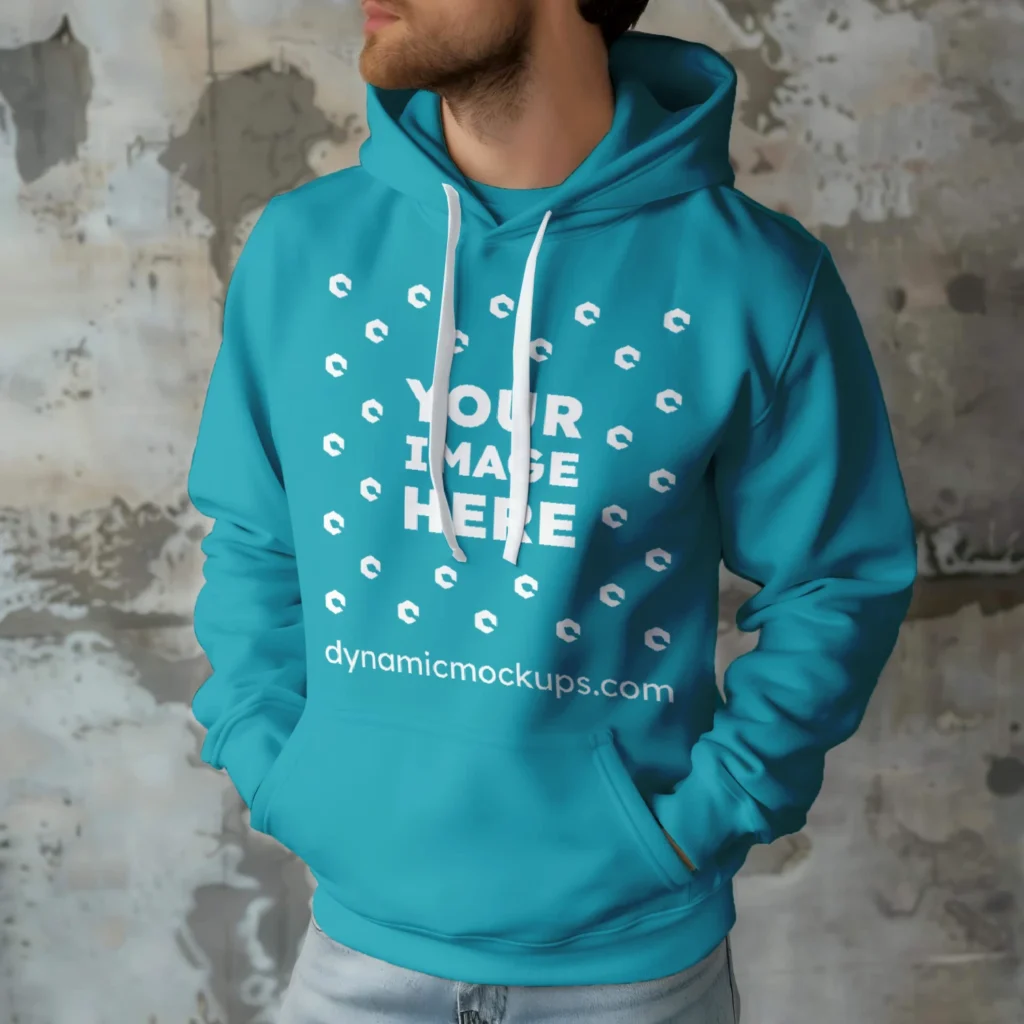 Man Wearing Teal Hoodie Mockup Front View Template