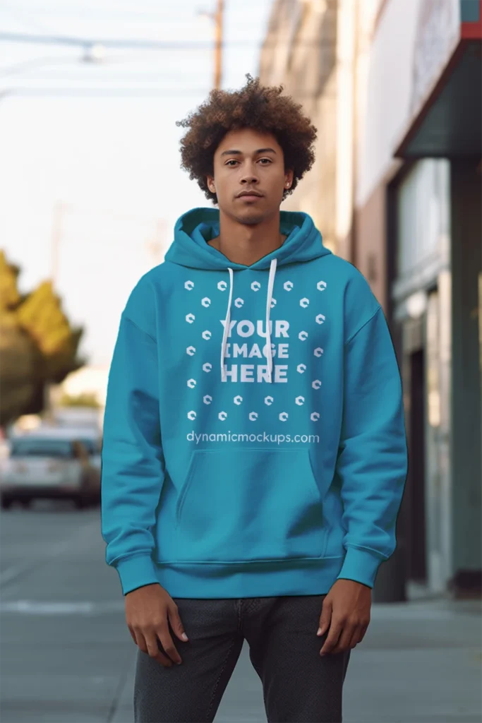 Man Wearing Teal Hoodie Mockup Front View Template