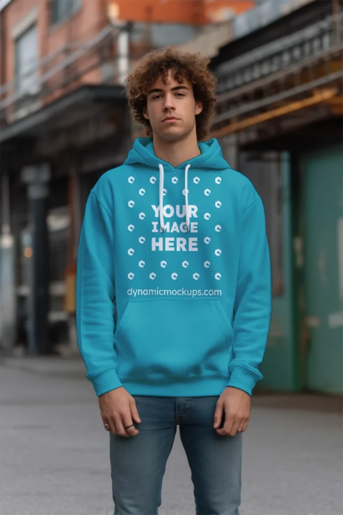 Man Wearing Teal Hoodie Mockup Front View Template