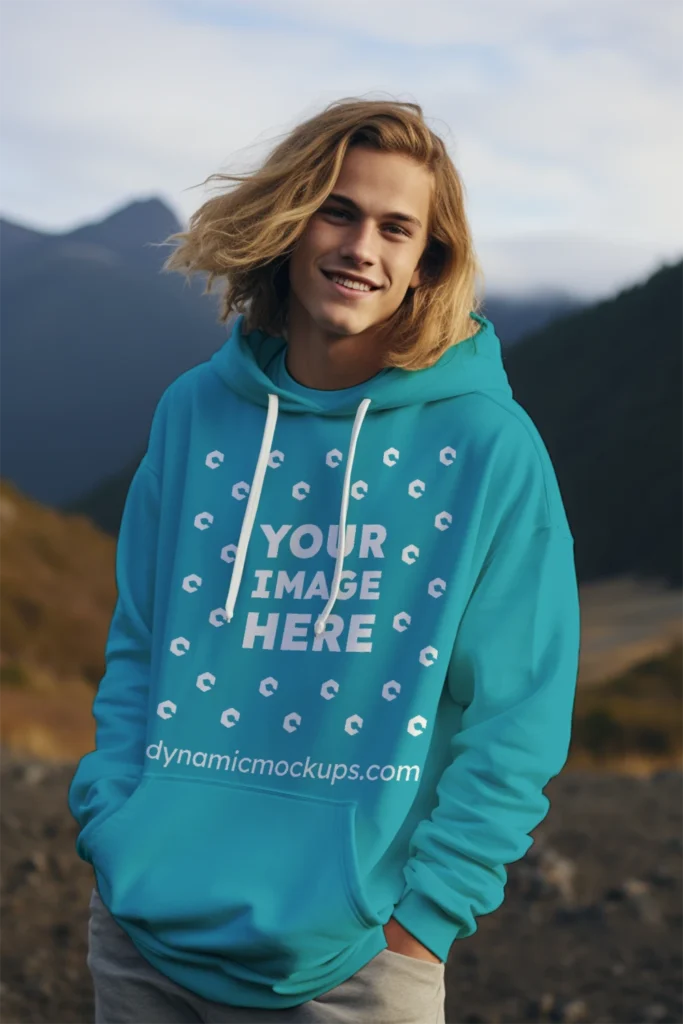 Man Wearing Teal Hoodie Mockup Front View Template