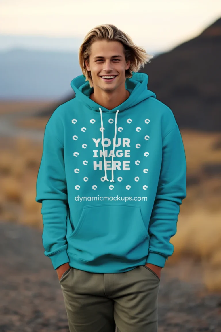 Man Wearing Teal Hoodie Mockup Front View Template