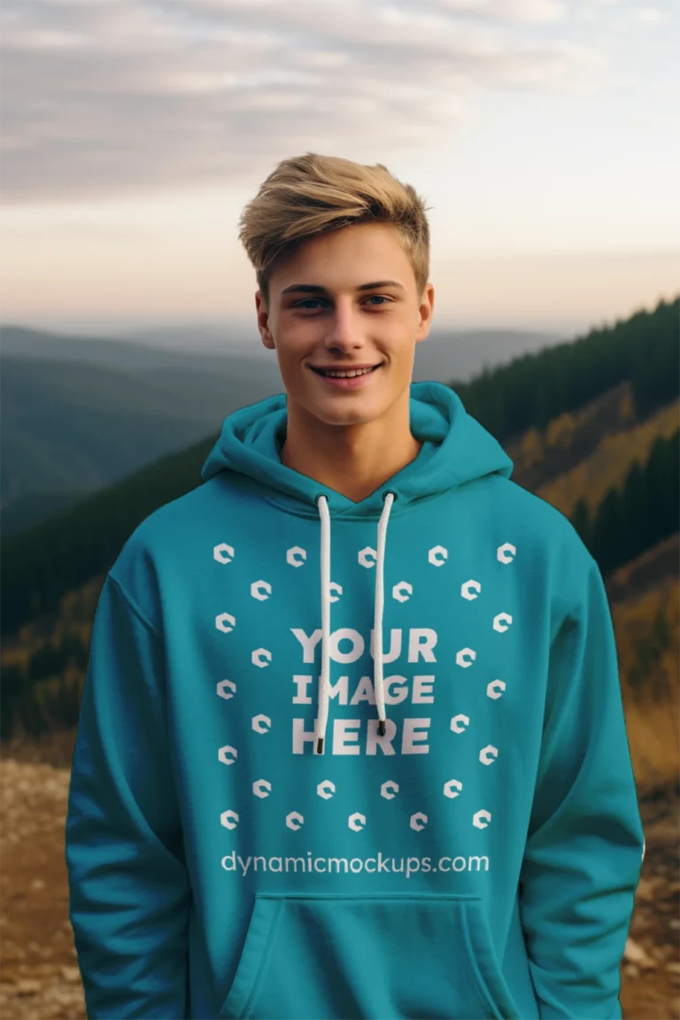 Man Wearing Teal Hoodie Mockup Front View Template