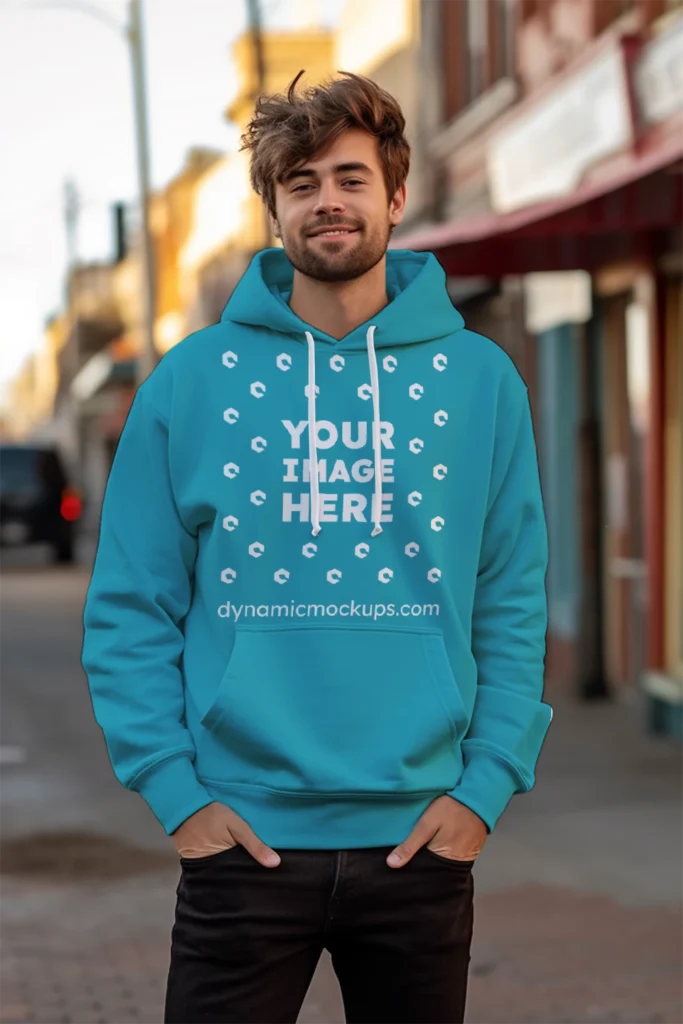 Man Wearing Teal Hoodie Mockup Front View Template