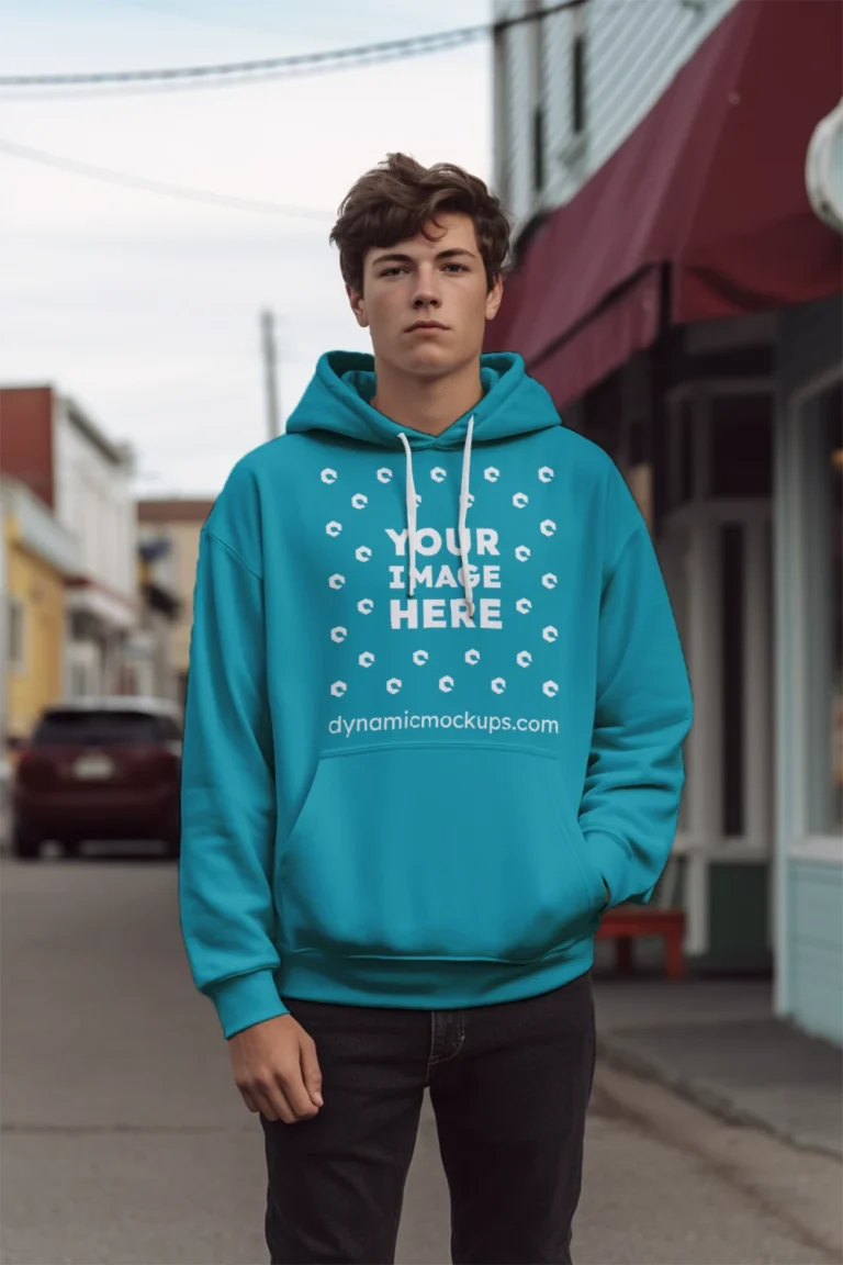 Man Wearing Teal Hoodie Mockup Front View Template