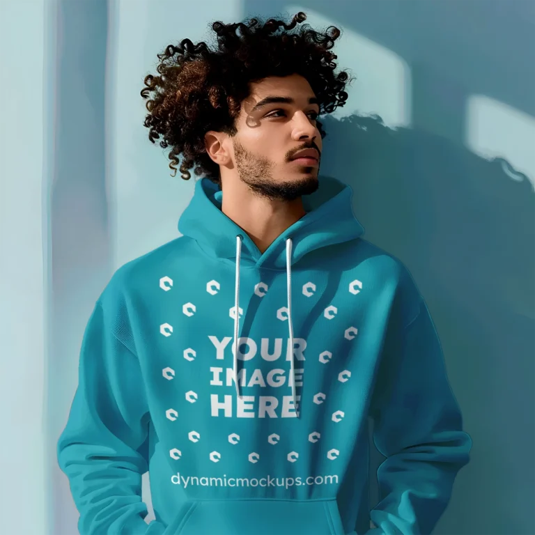 Man Wearing Teal Hoodie Mockup Front View Template