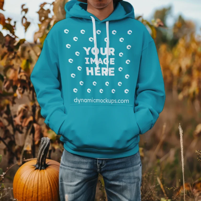 Man Wearing Teal Hoodie Mockup Front View Template