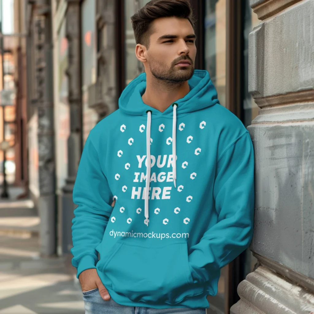 Man Wearing Teal Hoodie Mockup Front View Template