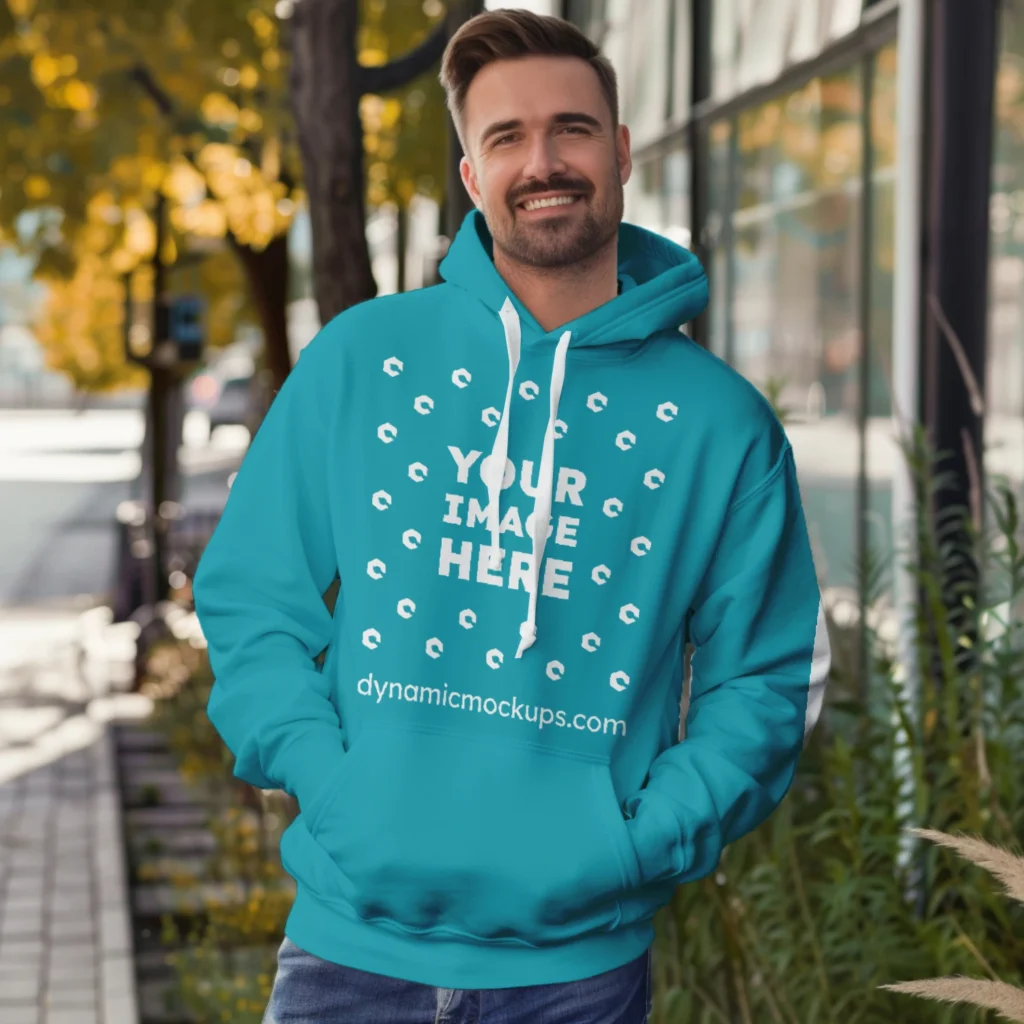 Man Wearing Teal Hoodie Mockup Front View Template