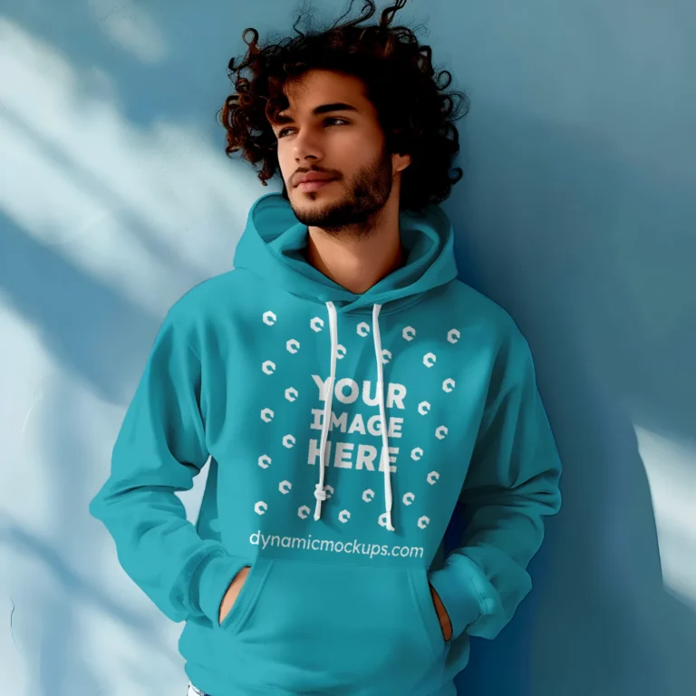 Man Wearing Teal Hoodie Mockup Front View Template