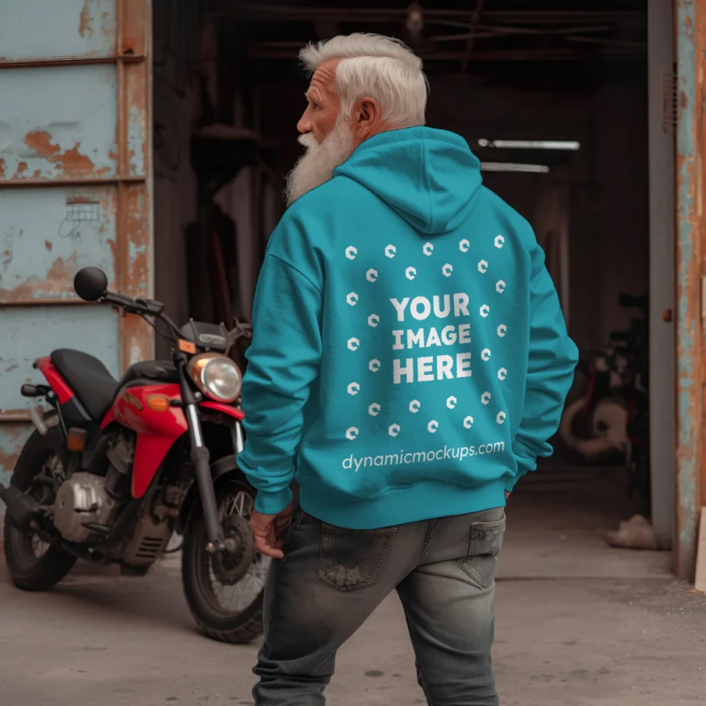 Man Wearing Teal Hoodie Mockup Back View Template