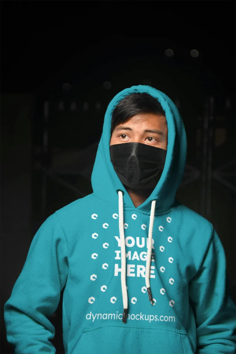 Man Wearing Teal Hoodie Mockup Front View Template