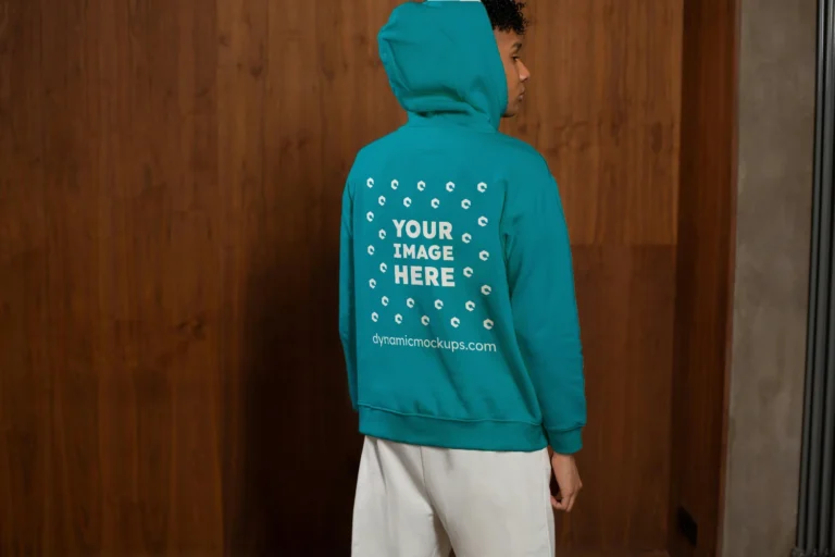 Man Wearing Teal Hoodie Mockup Back View Template