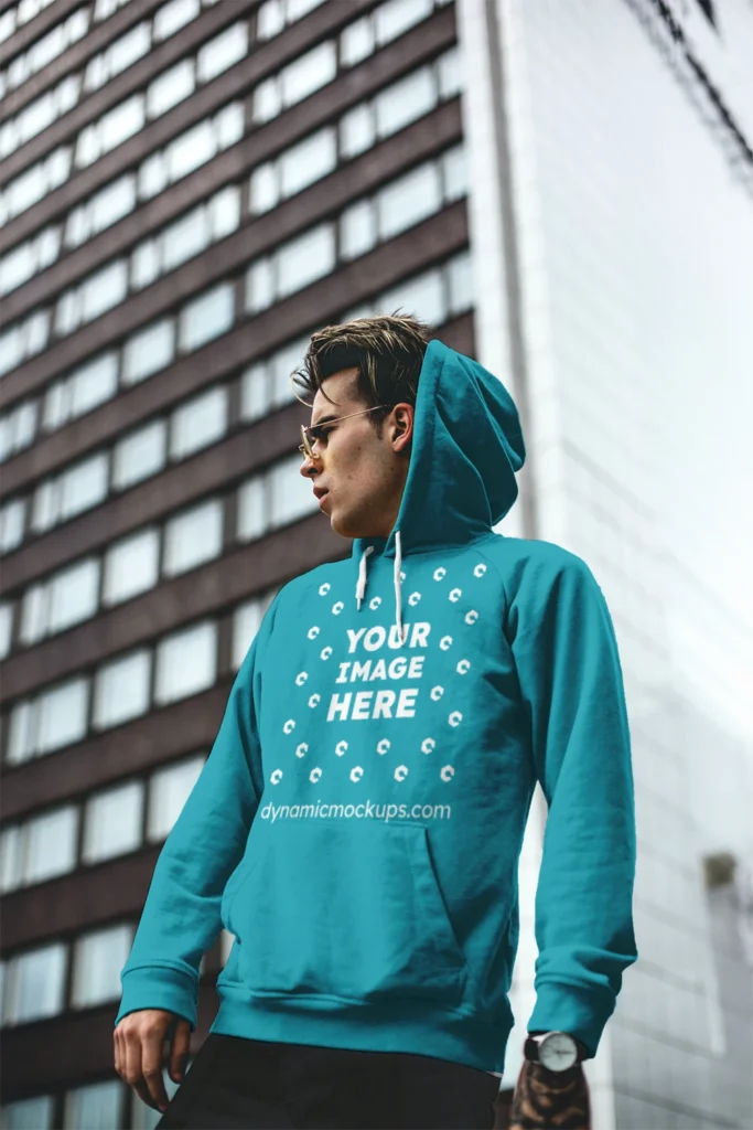 Man Wearing Teal Hoodie Mockup Front View Template