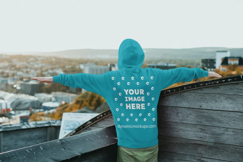 Man Wearing Teal Hoodie Mockup Back View Template