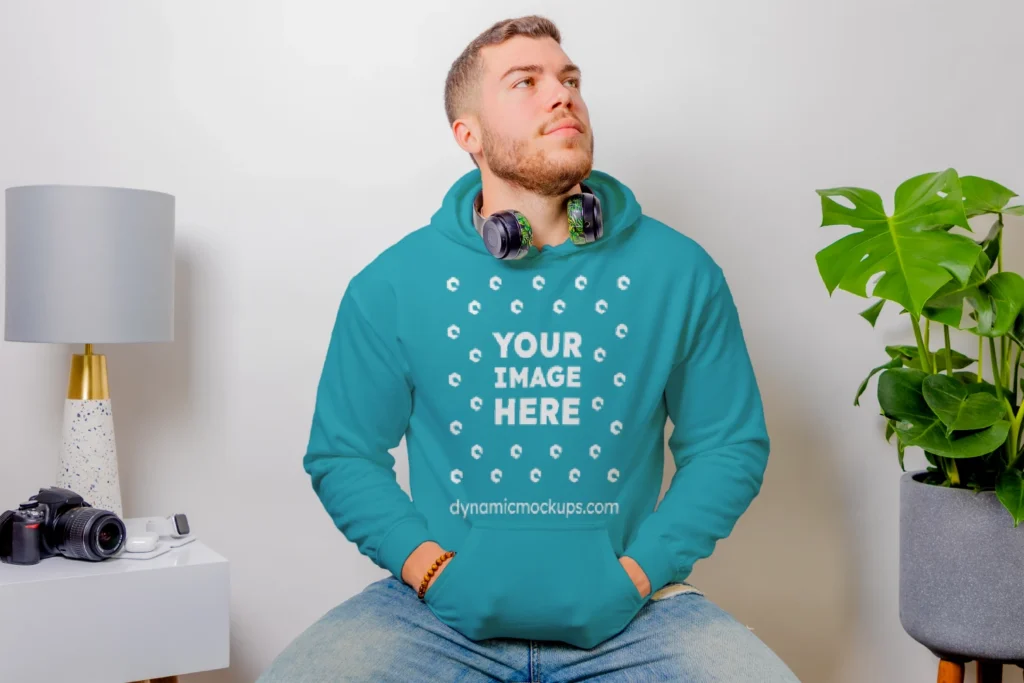 Man Wearing Teal Hoodie Mockup Front View Template