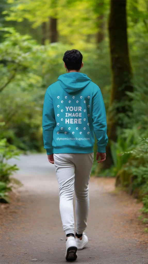 Man Wearing Teal Hoodie Mockup Back View Template