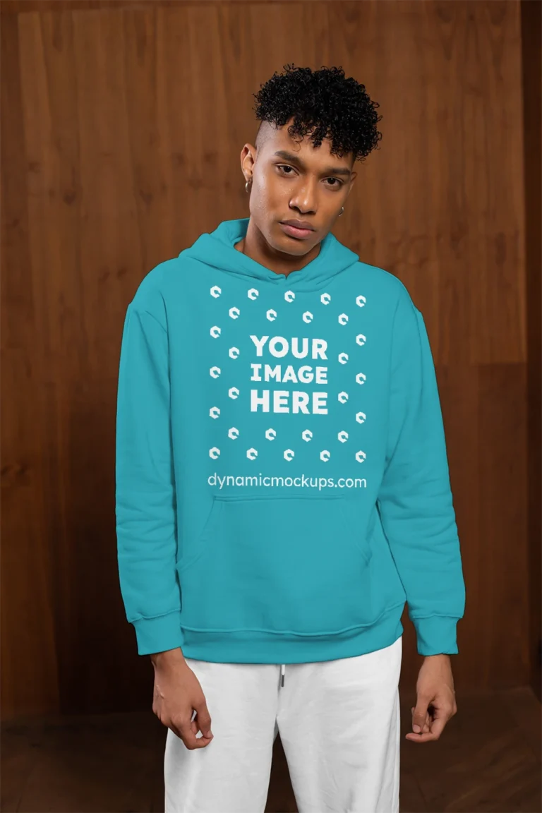 Man Wearing Teal Hoodie Mockup Front View Template