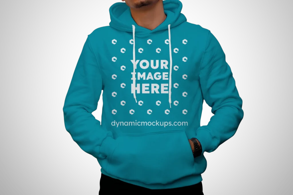 Man Wearing Teal Hoodie Mockup Front View Template