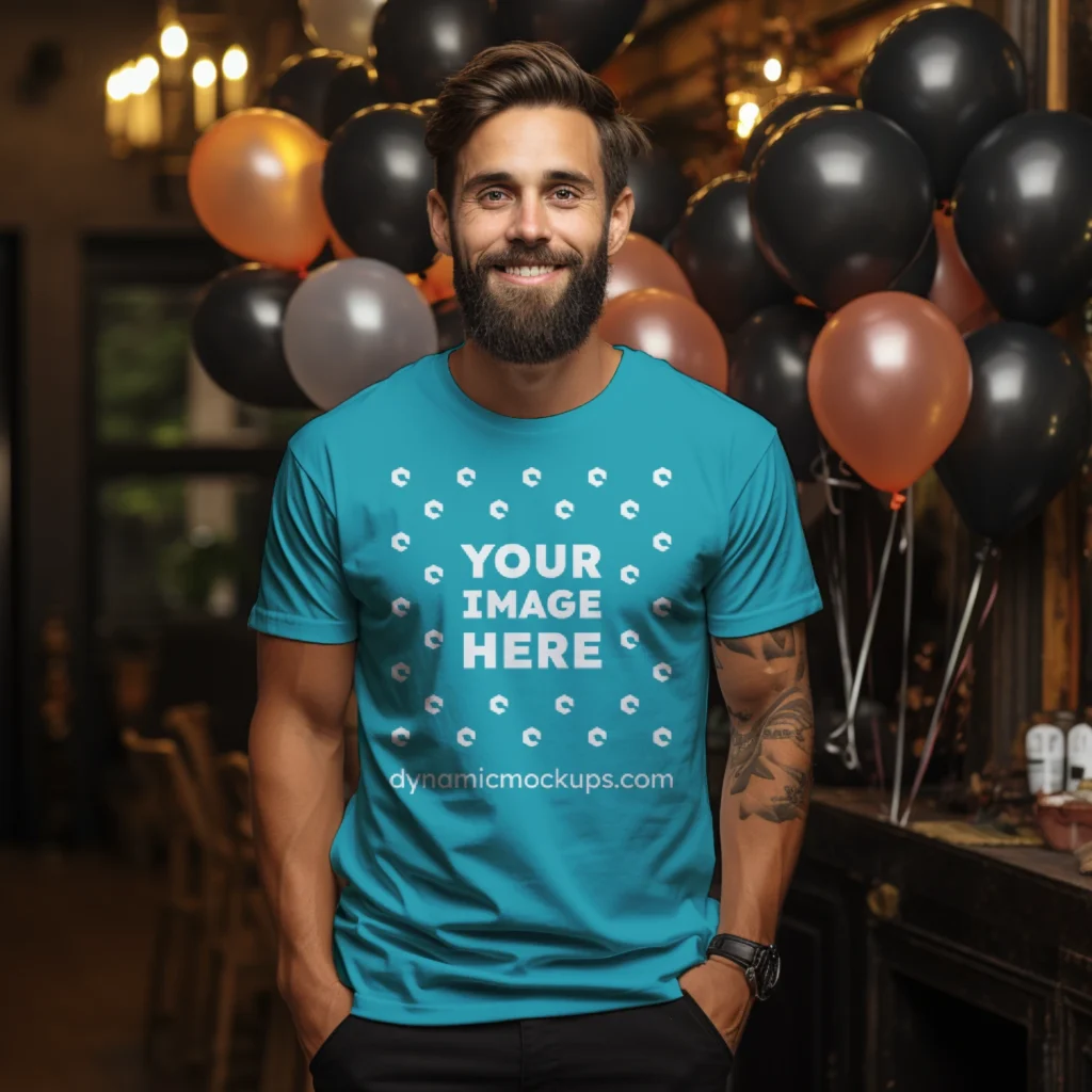 Man Wearing Teal T-shirt Mockup Front View Template