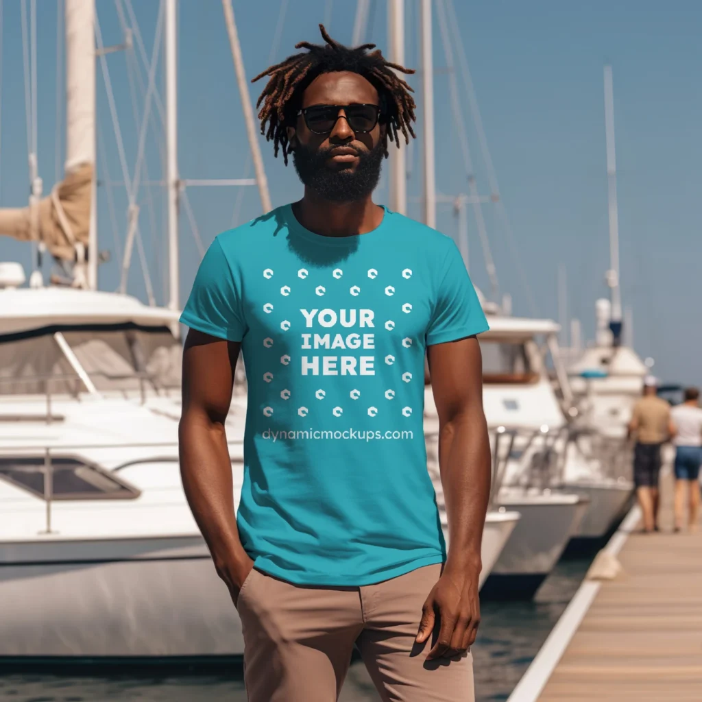 Man Wearing Teal T-shirt Mockup Front View Template