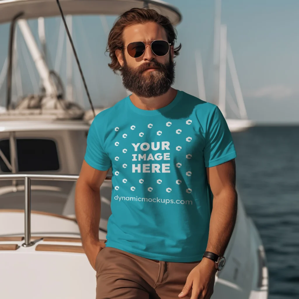 Man Wearing Teal T-shirt Mockup Front View Template