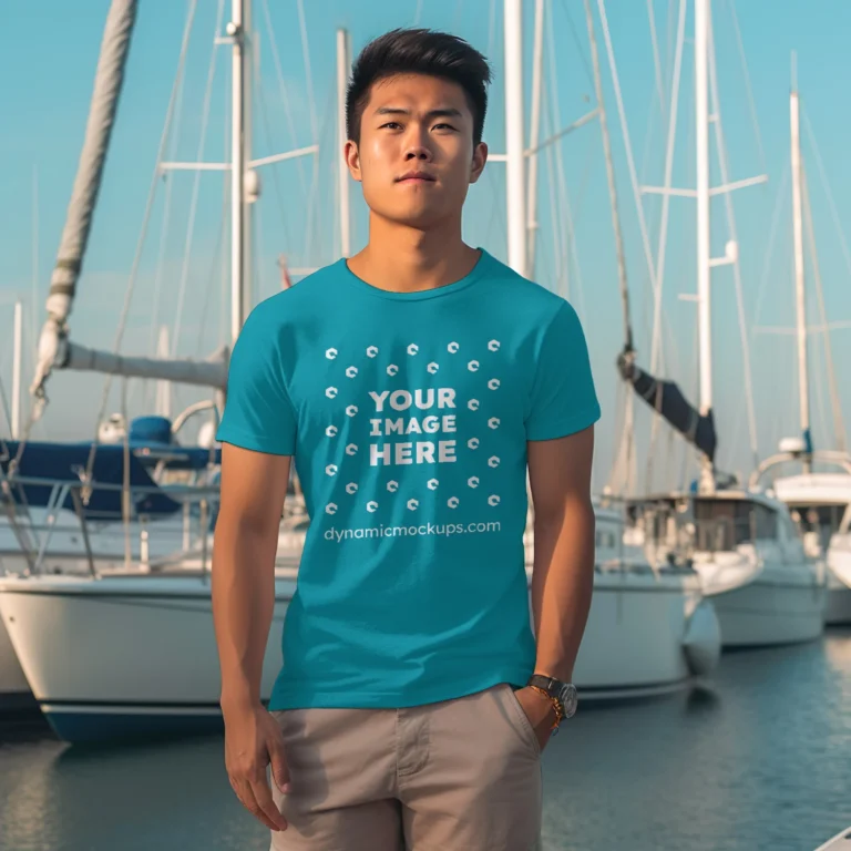 Man Wearing Teal T-shirt Mockup Front View Template