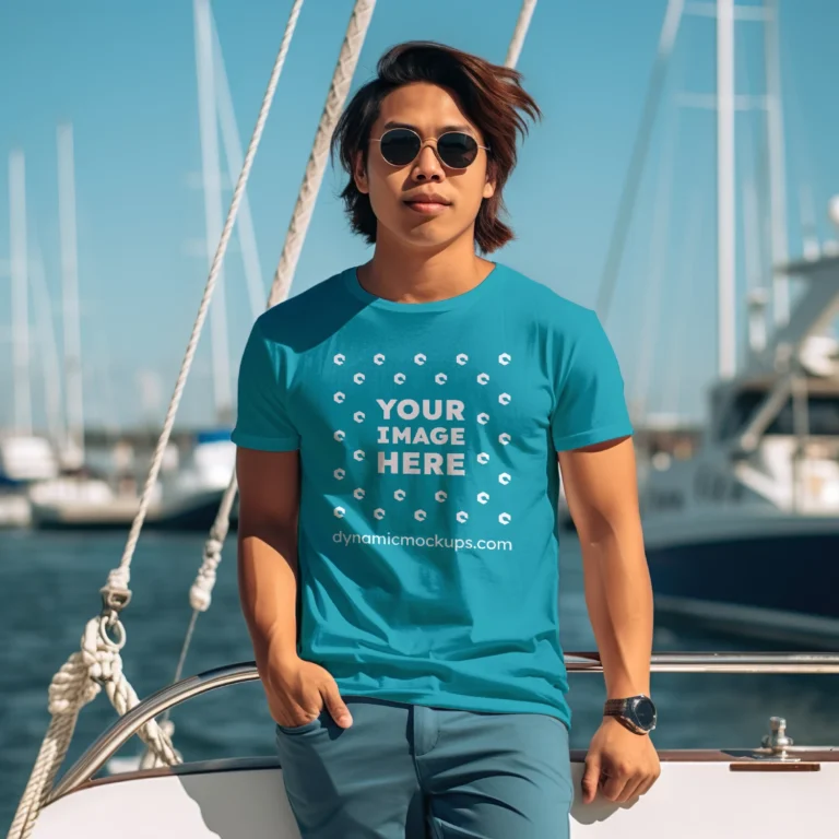 Man Wearing Teal T-shirt Mockup Front View Template