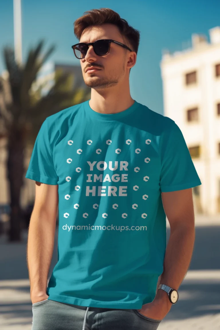 Man Wearing Teal T-shirt Mockup Front View Template