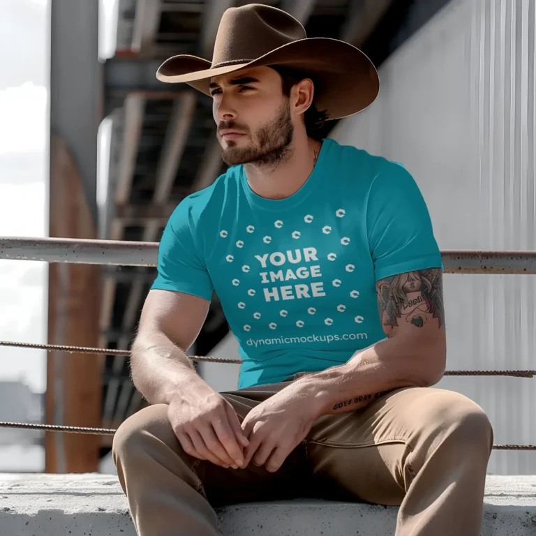 Man Wearing Teal T-shirt Mockup Front View Template