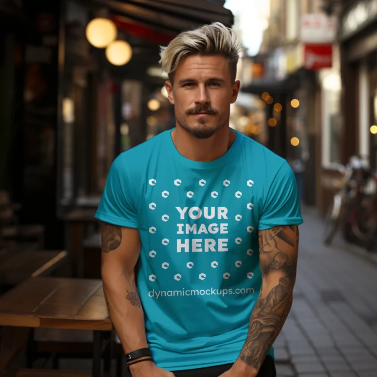 Man Wearing Teal T-shirt Mockup Front View Template