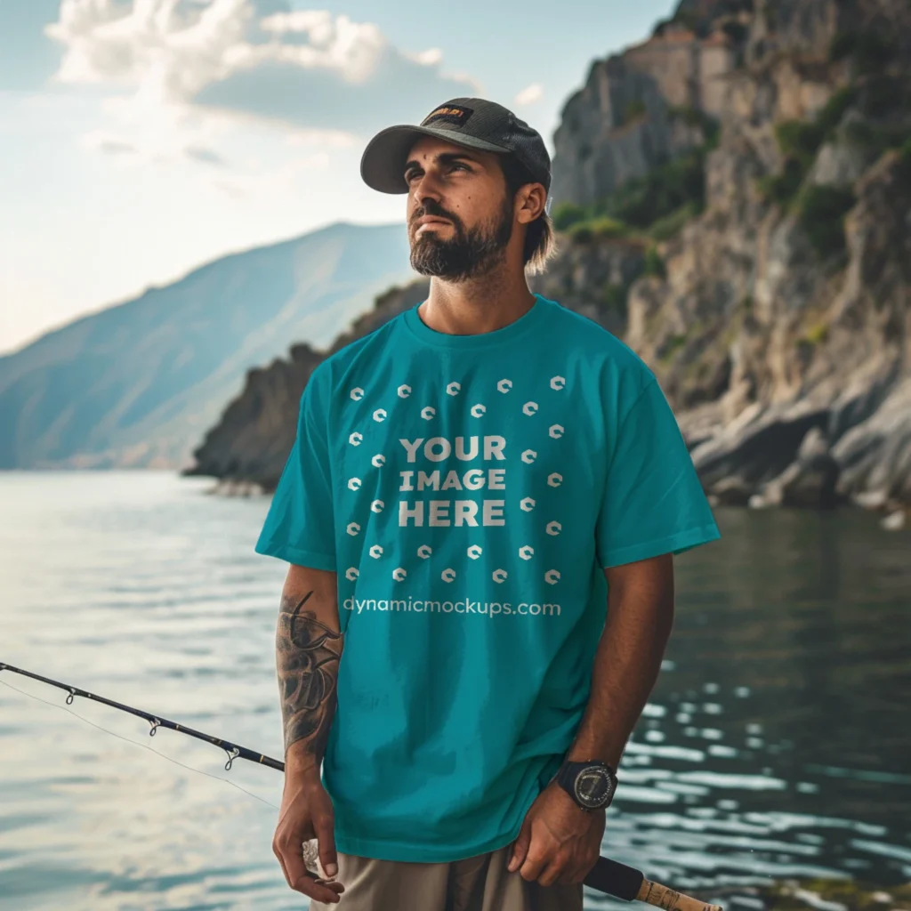 Man Wearing Teal T-shirt Mockup Front View Template