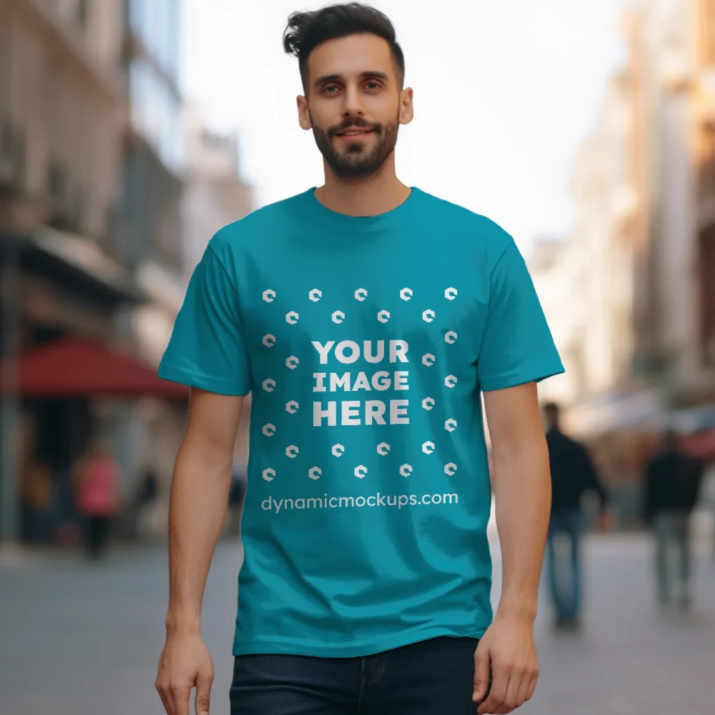 Man Wearing Teal T-shirt Mockup Front View Template