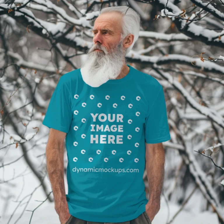 Man Wearing Teal T-shirt Mockup Front View Template