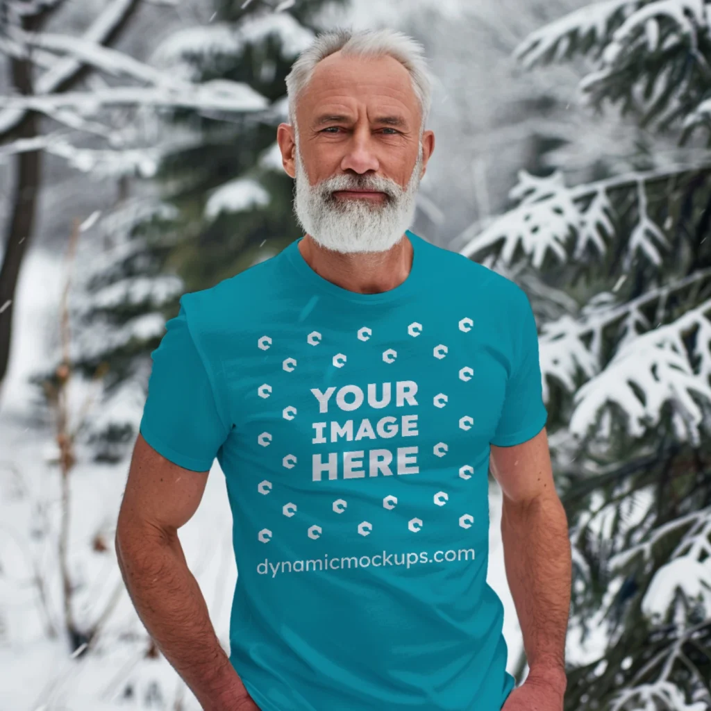 Man Wearing Teal T-shirt Mockup Front View Template