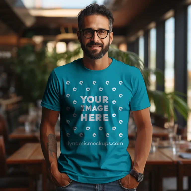 Man Wearing Teal T-shirt Mockup Front View Template