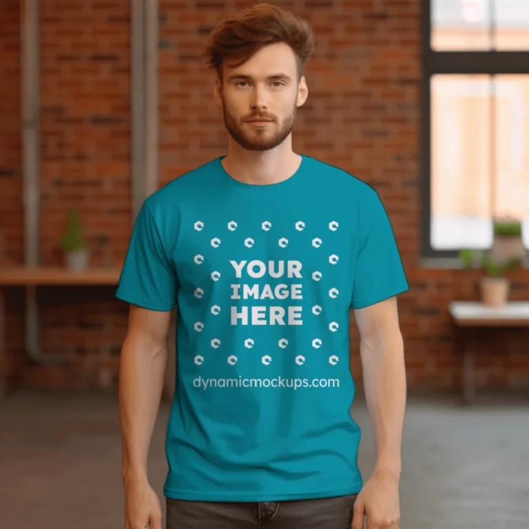 Man Wearing Teal T-shirt Mockup Front View Template