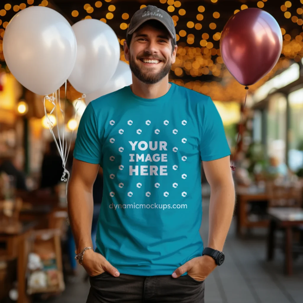 Man Wearing Teal T-shirt Mockup Front View Template