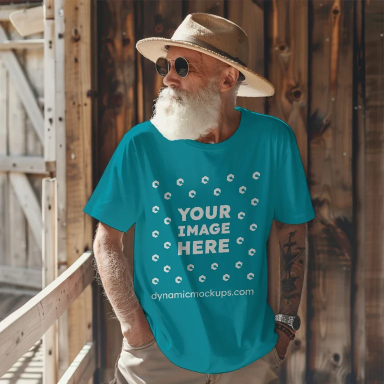 Man Wearing Teal T-shirt Mockup Front View Template