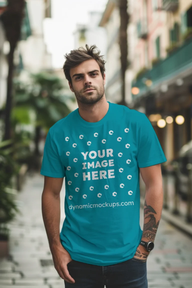 Man Wearing Teal T-shirt Mockup Front View Template