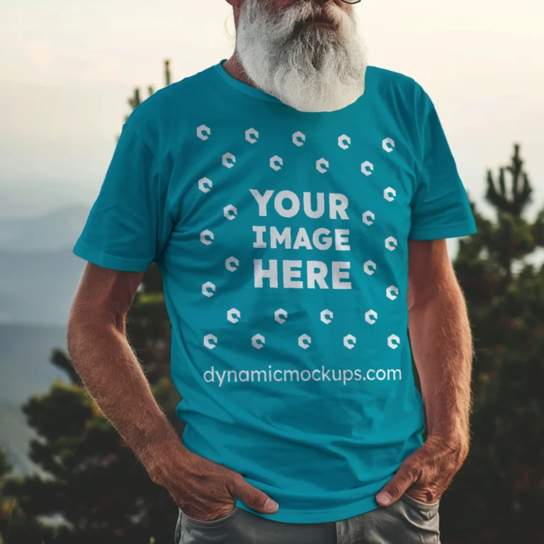 Man Wearing Teal T-shirt Mockup Front View Template