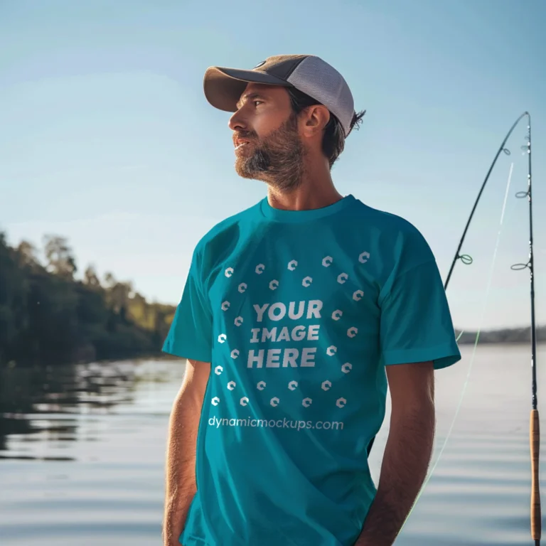 Man Wearing Teal T-shirt Mockup Front View Template