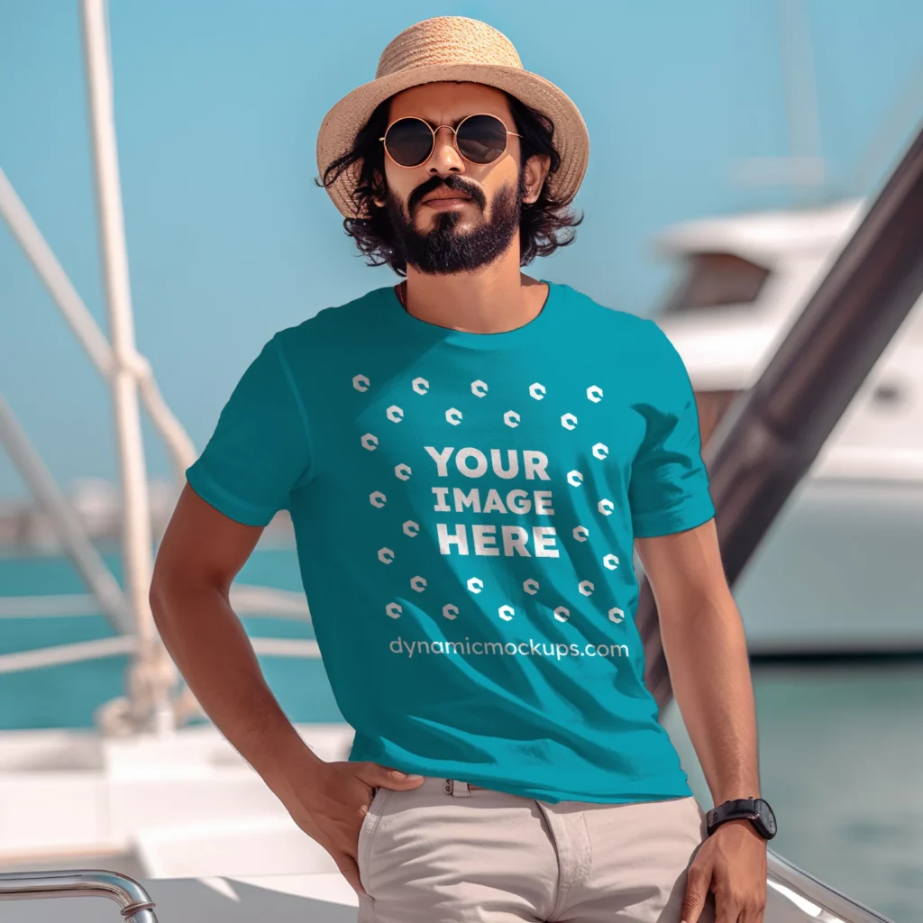 Man Wearing Teal T-shirt Mockup Front View Template