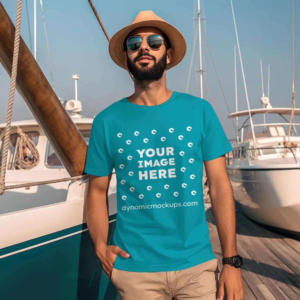 Man Wearing Teal T-shirt Mockup Front View Template